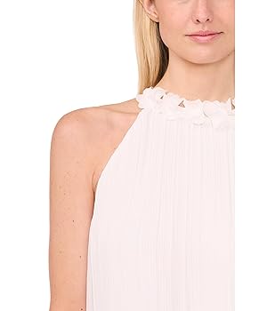 CeCe Women's Pleated 3D Floral Halter Neck Top, New Ivory at